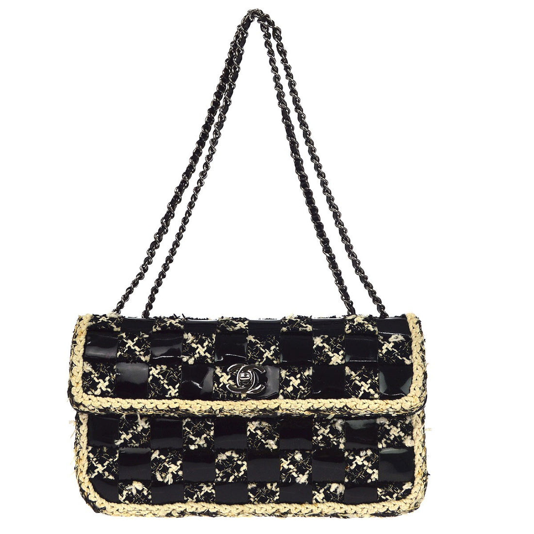 Borsa Chanel a Tracolla Scacchiera Vintage in Tweed e Vernice Nera