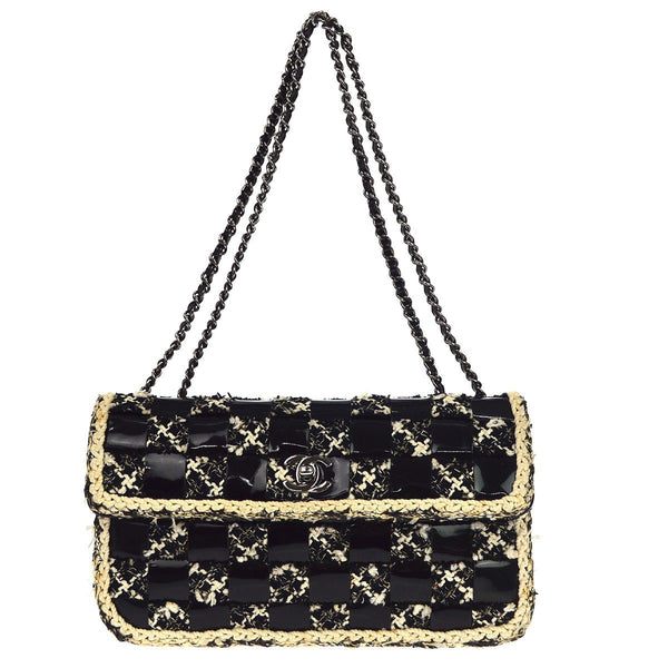 Borsa Chanel a Tracolla Scacchiera Vintage in Tweed e Vernice Nera