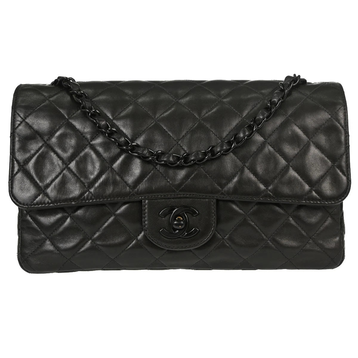 Chanel Black Lambskin Single Flap Medium Shoulder Bag