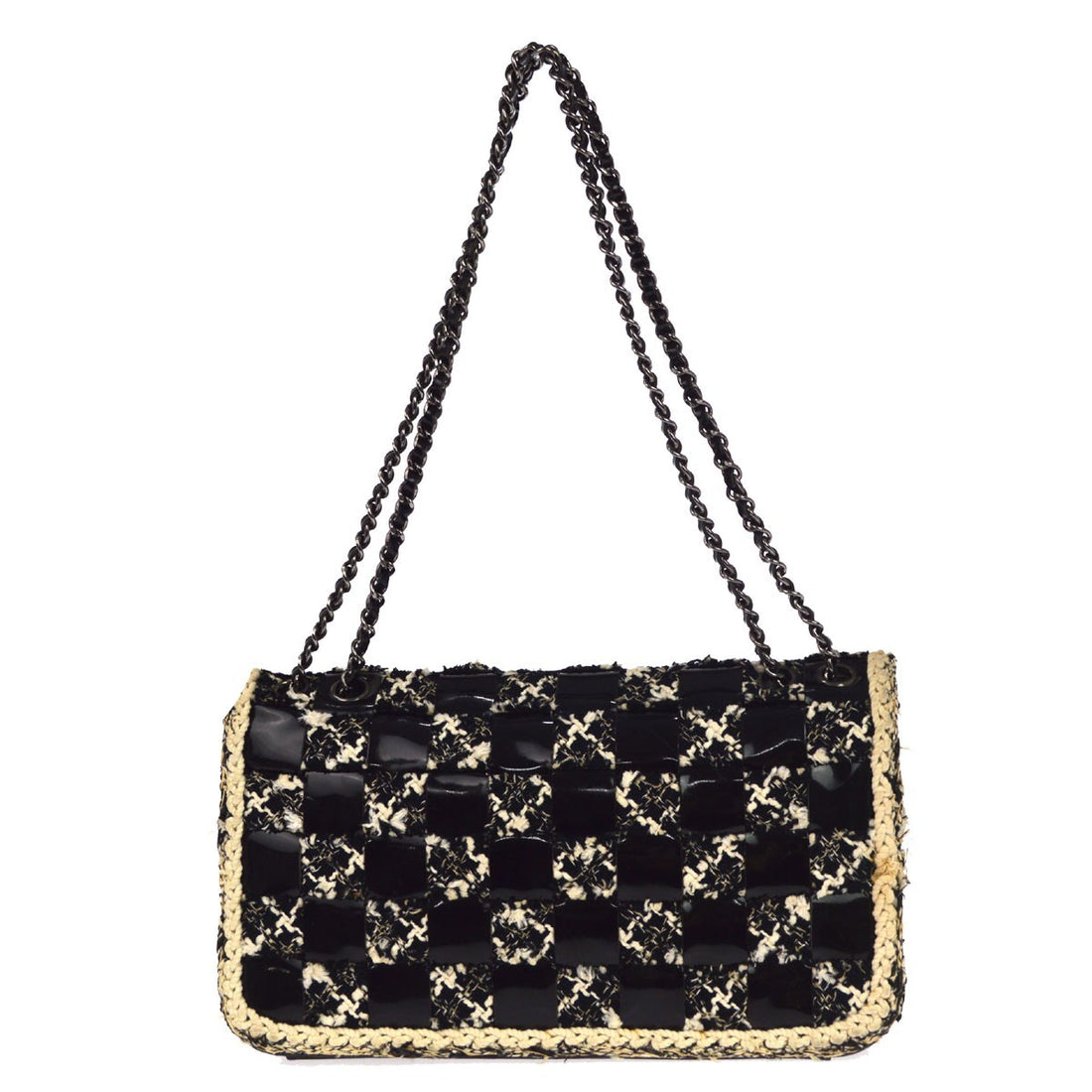 Borsa Chanel a Tracolla Scacchiera Vintage in Tweed e Vernice Nera