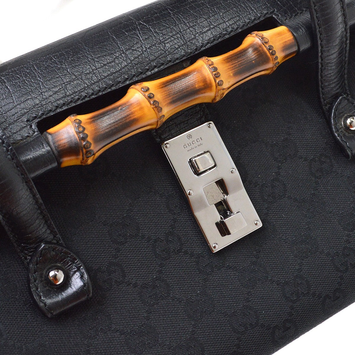 Gucci Black GG Canvas Bamboo Handbag
