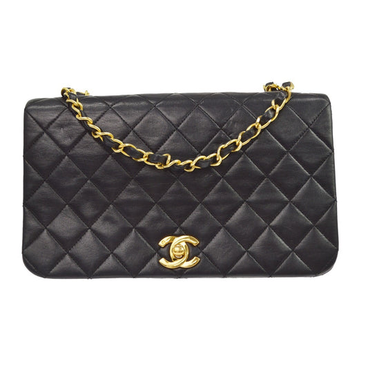 Chanel Black Lambskin Pushlock Small Full Flap Shoulder Bag