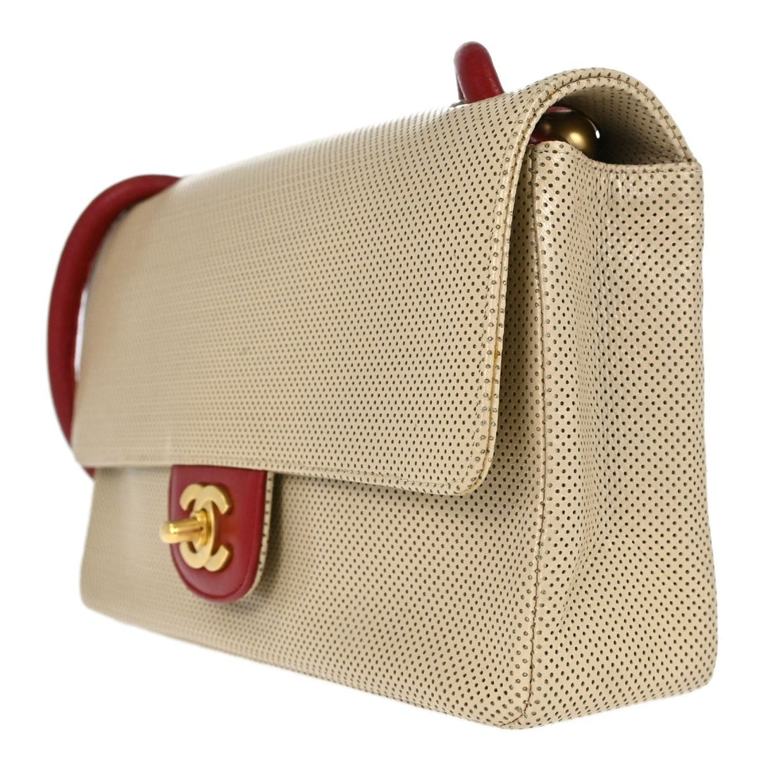 Borsa Chanel Single Flap Media Vintage in Vernice Beige e Rossa
