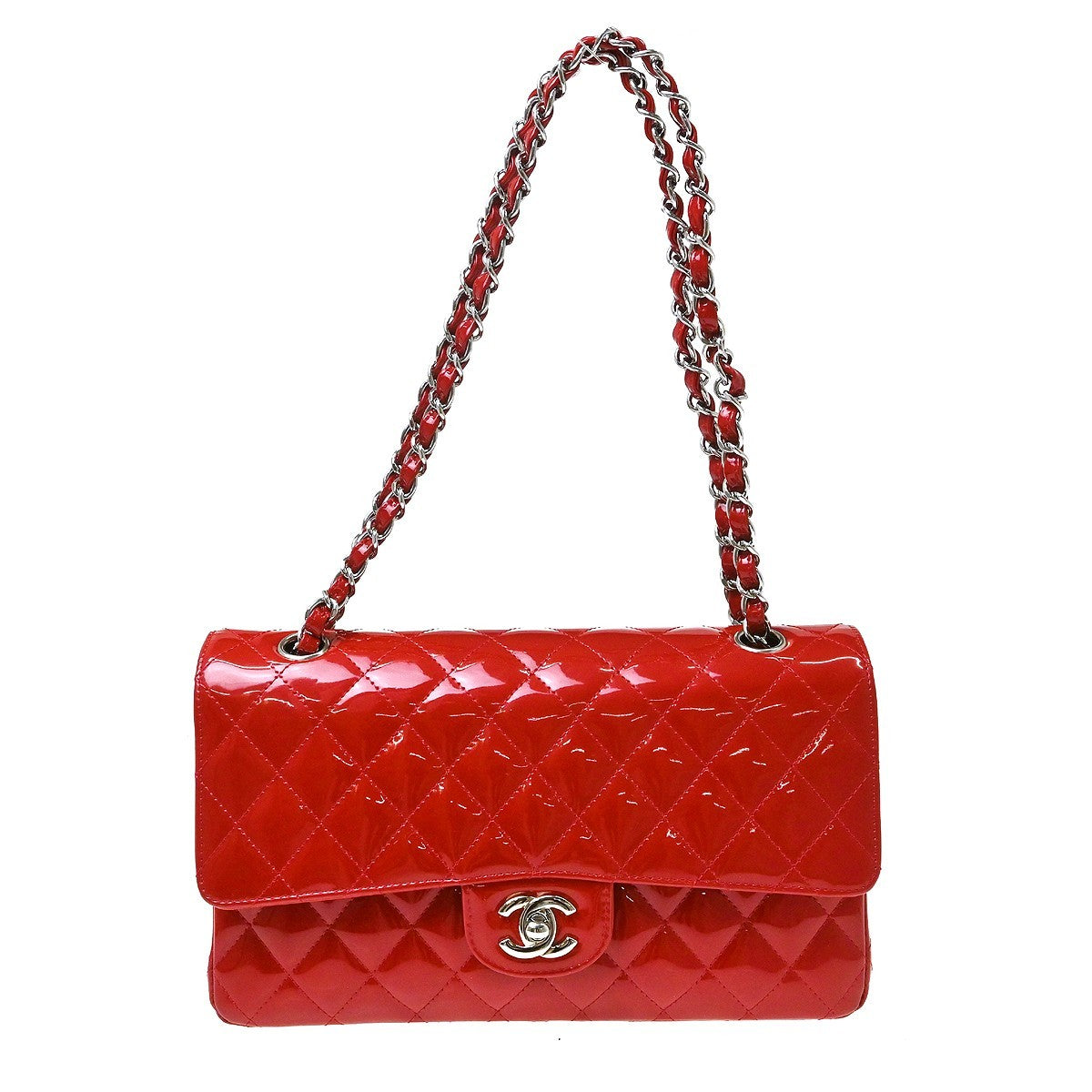 Chanel Red Patent Leather Medium Classic Double Flap Shoulder Bag