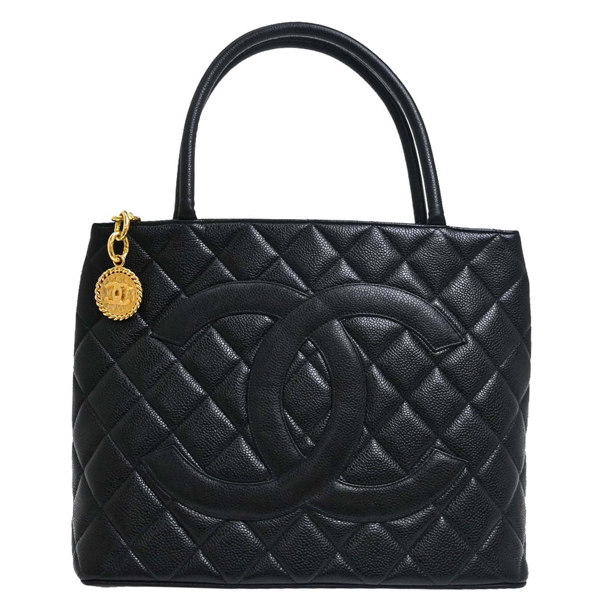 Borsa Chanel Black Calfskin Medallion Tote Handbag Vintage in Pelle Caviar Nero