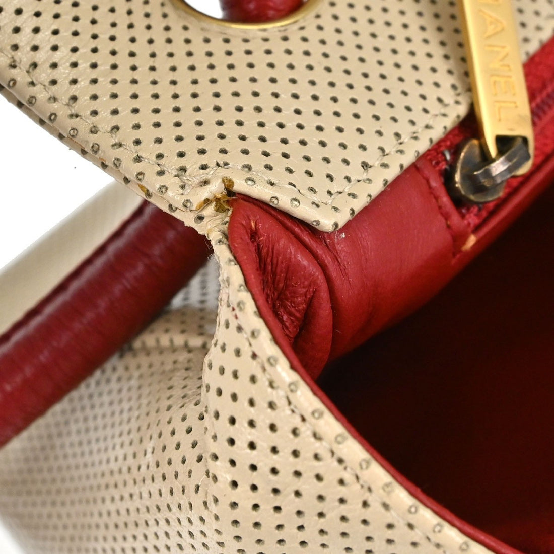 Borsa Chanel Single Flap Media Vintage in Vernice Beige e Rossa