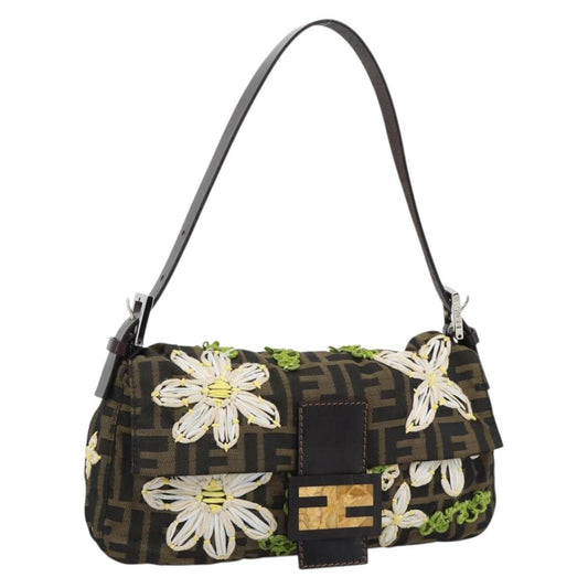 FENDI Zucca Canvas Ricamo Floreale Baguette Bag Marrone Originale