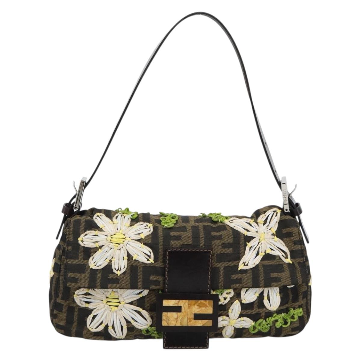 FENDI Zucca Canvas Ricamo Floreale Baguette Bag Marrone Originale