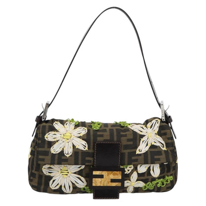 FENDI Zucca Canvas Ricamo Floreale Baguette Bag Marrone Originale