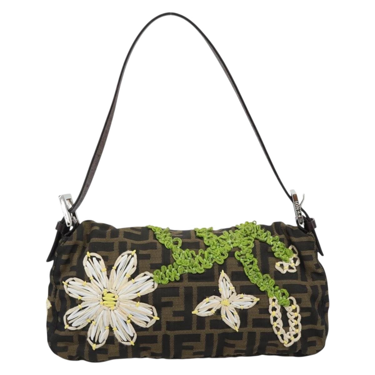 FENDI Zucca Canvas Ricamo Floreale Baguette Bag Marrone Originale