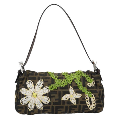 FENDI Zucca Canvas Ricamo Floreale Baguette Bag Marrone Originale