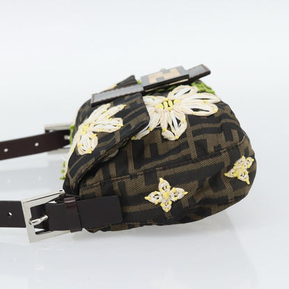 FENDI Zucca Canvas Ricamo Floreale Baguette Bag Marrone Originale