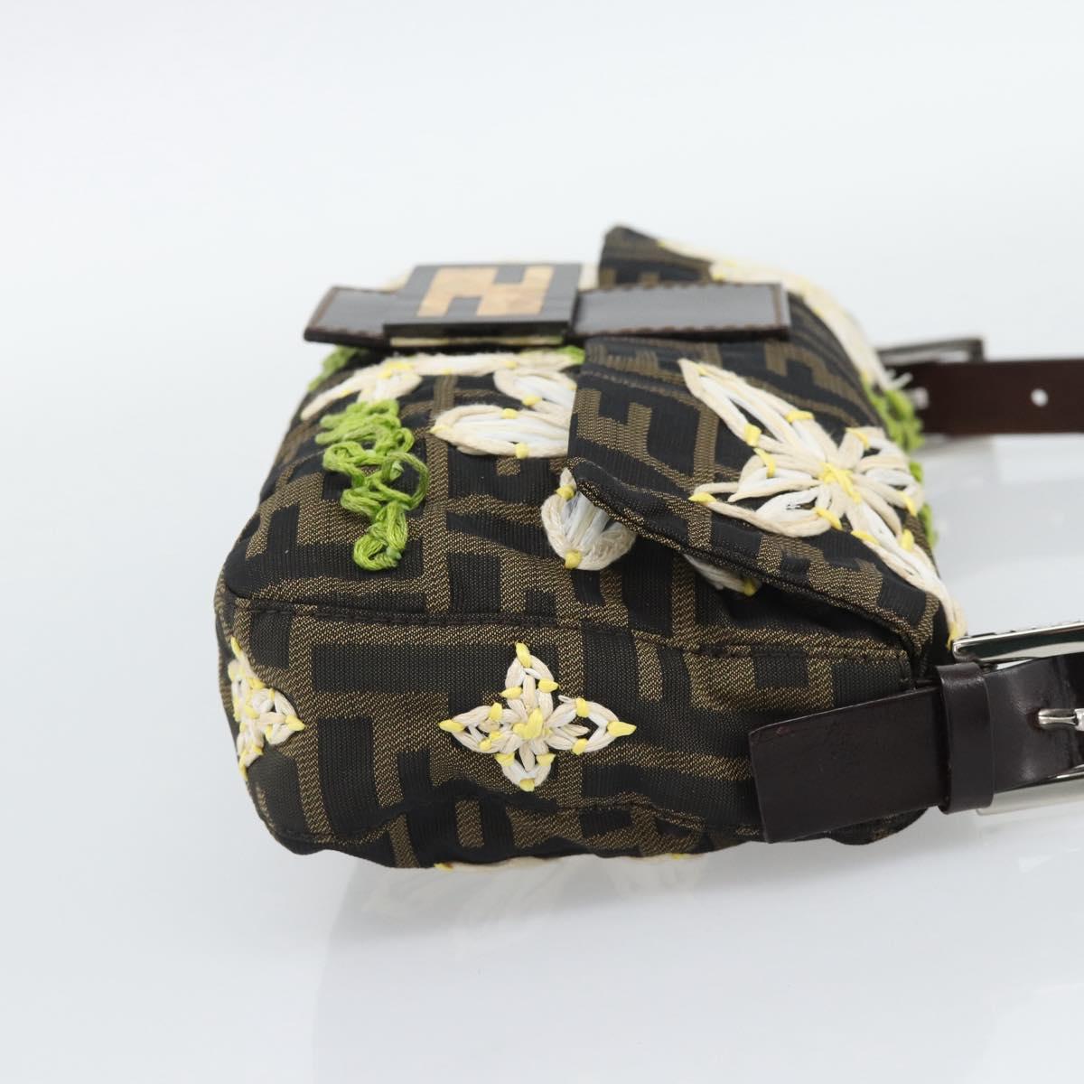 FENDI Zucca Canvas Ricamo Floreale Baguette Bag Marrone Originale