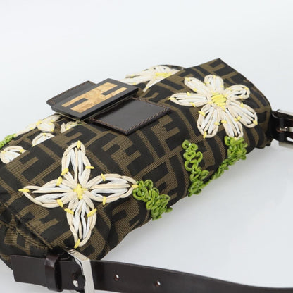 FENDI Zucca Canvas Ricamo Floreale Baguette Bag Marrone Originale