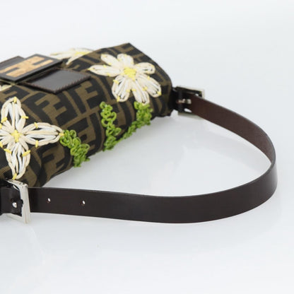 FENDI Zucca Canvas Ricamo Floreale Baguette Bag Marrone Originale