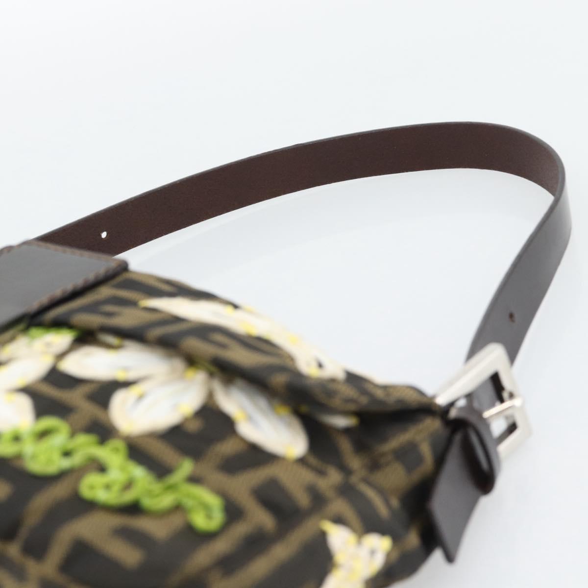 FENDI Zucca Canvas Ricamo Floreale Baguette Bag Marrone Originale